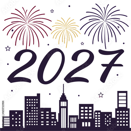 Celebrate the arrival of the year 2027 with a vibrant cityscape silhouette and festive fireworks display illuminating the night sky