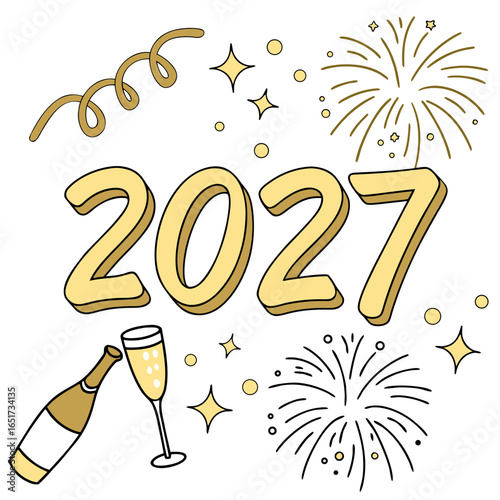 Celebrate the arrival of the new year 2027 with festive fireworks champagne bottle and sparkling stars and confetti