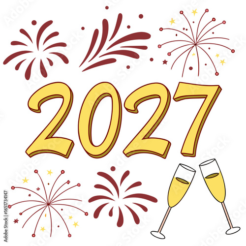 Celebrate the arrival of the new year 2027 with festive fireworks and clinking champagne glasses in a cheerful celebratory illustration