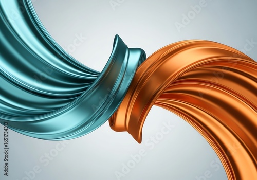 Illustration of two flowing ribbons in teal and orange meet in the middle