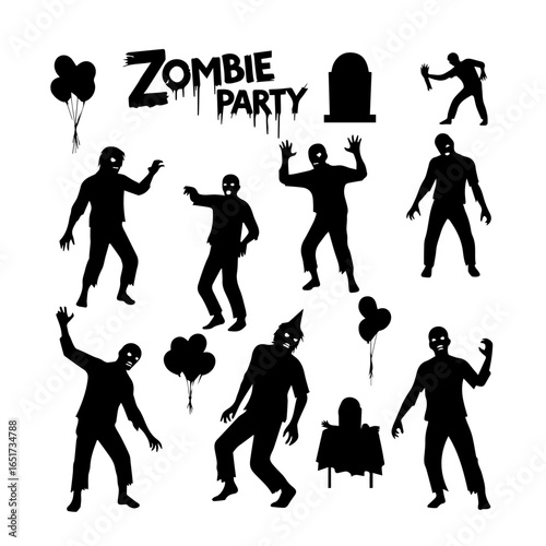 Spooky zombie party silhouettes with tombstone and dripping blood for Halloween celebration and horror themed events and designs, vector illustration