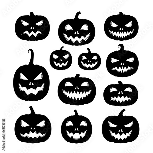Spooky Halloween pumpkins silhouettes with scary faces for autumn holiday celebration, party decoration, and festive seasonal event invitation background