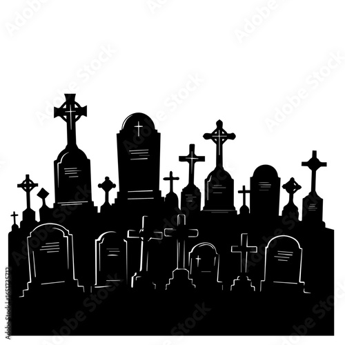 Spooky graveyard with tombstones and crosses casting shadows, creating a somber and eerie atmosphere, perfect for Halloween designs and gothic themes
