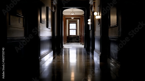 Deserted government building with empty hallways and closed office doors, symbolizing a government shutdown. Concept of political inactivity, bureaucratic standstill, and public service disruption.