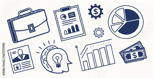 A collection of hand drawn business and finance related icons including a briefcase charts graphs money gears and a lightbulb representing ideas
