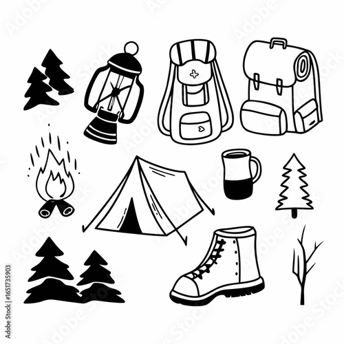 Camping set doodle mountain hiking icons 