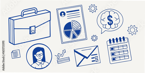 Business and finance icons including briefcase pie chart brain with dollar sign envelope calendar and professional woman representing success and growth
