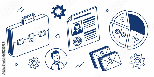 Business and finance elements including a briefcase resume pie chart envelopes with dollar signs and gears for concept of work and success