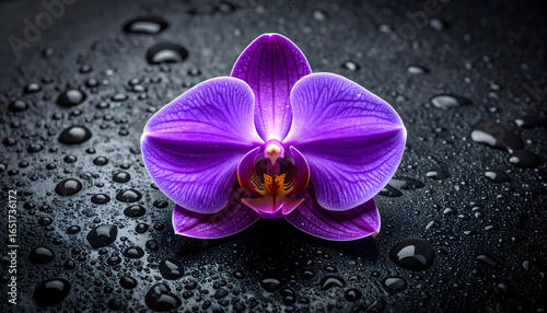 Close Up Of A Vibrant Purple Orchid Flower With Water Droplets Against A Black Background