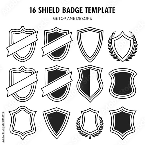 Collection of sixteen diverse shield and badge templates featuring ribbons laurel wreaths and outline designs for branding and design projects