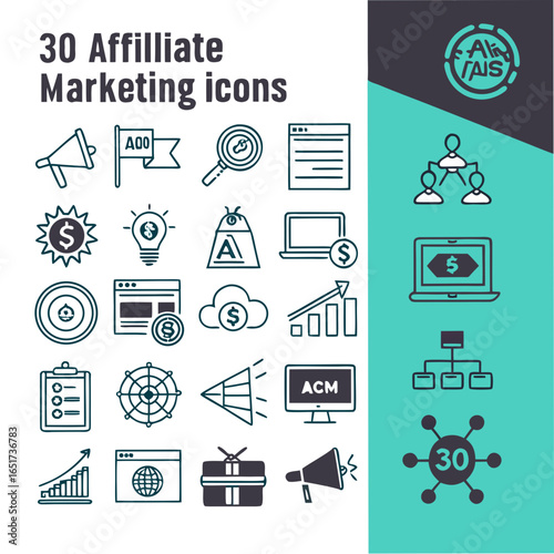A collection of 30 diverse affiliate marketing icons representing various aspects of online promotion and business growth strategies