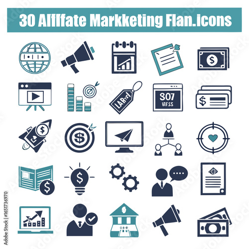 Collection of 30 flat design icons representing various aspects of affiliate marketing and business growth strategies including finance and planning