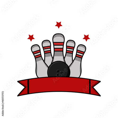 Bowling Pins and Ball with Red Banner and Stars - Vector Illustration
