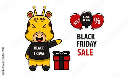 Cute Giraffe Character Celebrating Black Friday Sale with Gift Box and Balloons