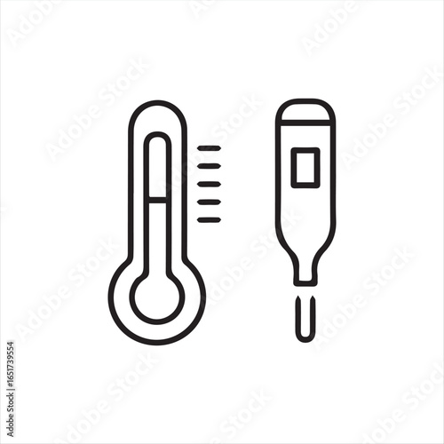 Vector icon of a thermometer in black color with solid shapes, displayed on a clean white background. Simple and modern design suitable for medical, weather, climate, healthcare, and temperature measu