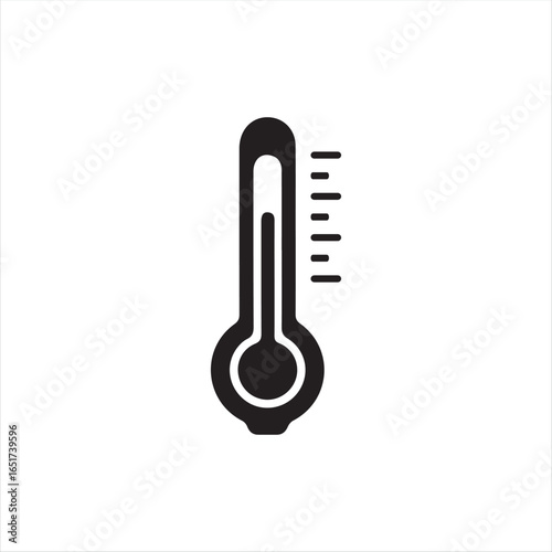 Vector icon of a thermometer in black color with solid shapes, displayed on a clean white background. Simple and modern design suitable for medical, weather, climate, healthcare, and temperature measu