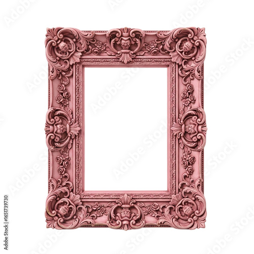 Ornate antique rose gold picture frame with floral embellishments isolated on transparent background