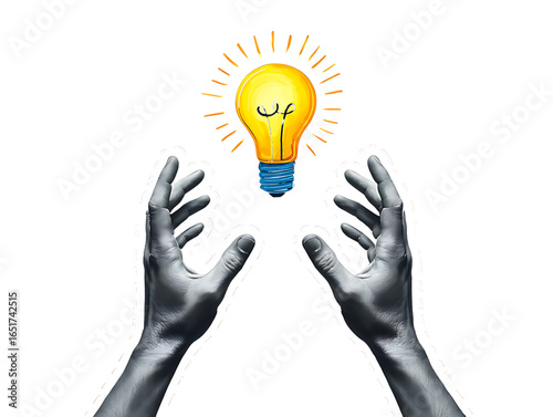Glowing lightbulb with outstretched hands isolated on a transparent background idea innovation
