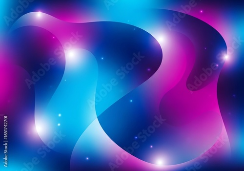 Illustration of abstract fluid shapes with glowing neon lights in blue and purple