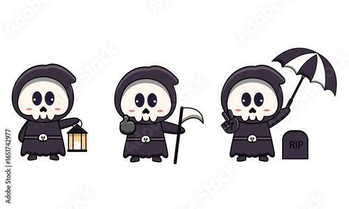 Cute Grim Reaper character set. Kawaii death mascot with scythe and lantern. Vector illustration.