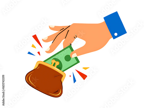 Hand depositing cash into brown coin purse with colorful accents isolated on a transparent background