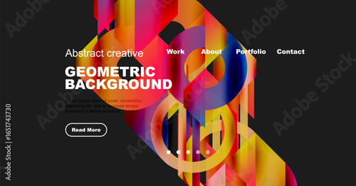 Abstract website header design. Vibrant geometric shapes dominate dark background. Navigation links present, text visible.