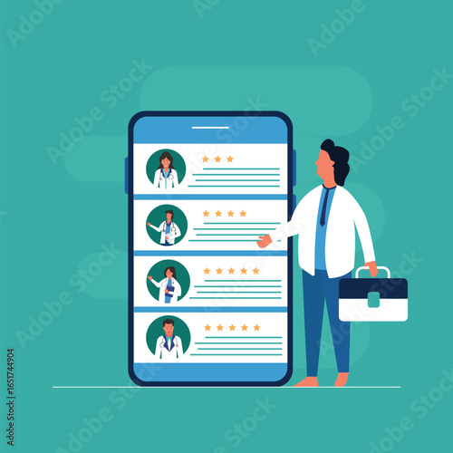 Tableau sur toile Businessman Choose doctor online, best medical staff search in mobile app