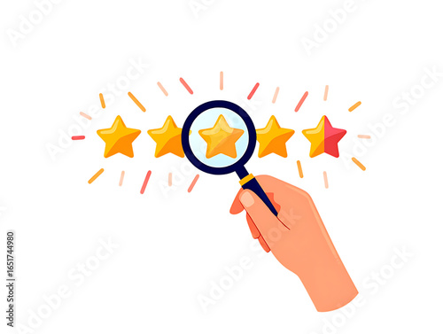 Hand holding magnifying glass over glowing stars isolated on a transparent background rating review