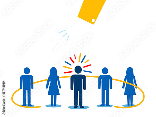 Hand selecting person from group with connecting line isolated on a transparent background selection