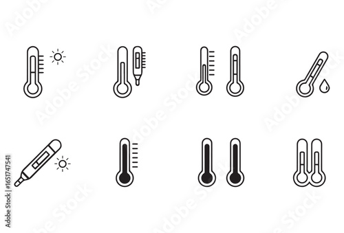Collection of black thermometer icons displayed on a clean white background. Includes variations of medical thermometers, digital thermometers, and simple temperature measurement symbols. Suitable for