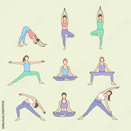Illustration showing nine different yoga poses performed by women in colorful athletic wear on a light background.