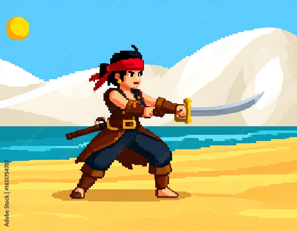 Obraz premium Pixelated pirate woman wielding sword on sandy beach
