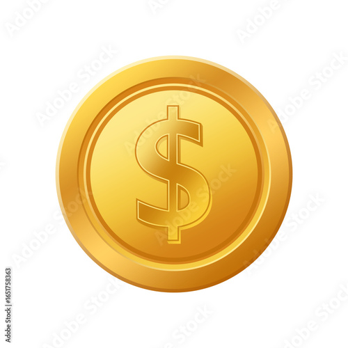 Golden coin vector icon with embossed dollar symbol.
