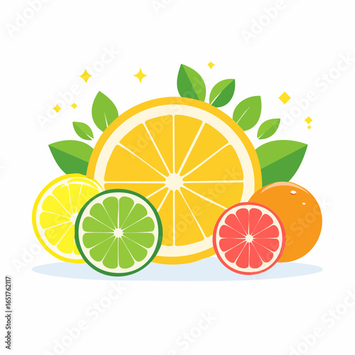 Vibrant citrus fruit collection with orange, lemon, lime, and grapefruit slices. Fresh and healthy summer food concept illustration.