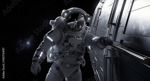 Astronaut in a advanced spacesuit conducts vital work in the silence of deep space, a testament to humanity's ongoing space exploration and ambitious cosmic endeavors.