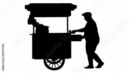 Silhouette of a man in a cap operating a food cart with wheels and a covered top in black and white