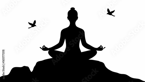Silhouette of a woman meditating on a rock with two birds flying around in a black and white scene
