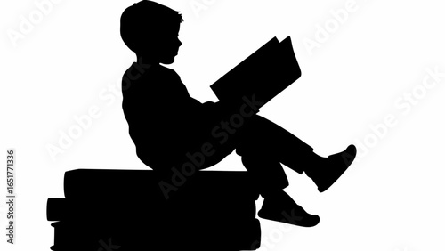 Silhouette of a boy sitting on a stack of books and reading a book with a white background image view