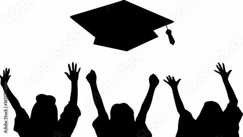 Silhouette of graduating students throwing mortarboards in the air celebrating their academic achievement