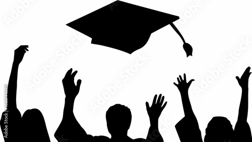 Silhouette of graduates throwing graduation caps in the air celebrating academic achievement and success