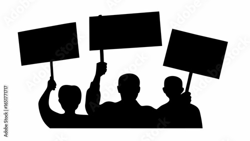 Silhouettes of three people holding up blank signs during a protest or demonstration in black and white