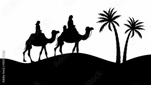 Silhouette of two camels with riders walking through a desert landscape with palm trees in the background
