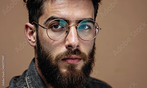 Young Bearded Man with Round Glasses and Denim Shirt
