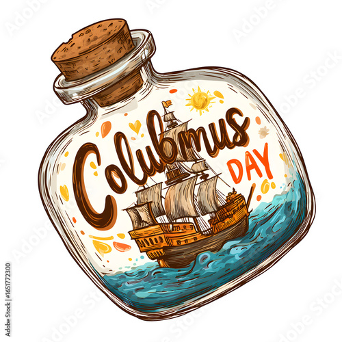 Columbus Day Ship in a Bottle Illustration, isolated on white background