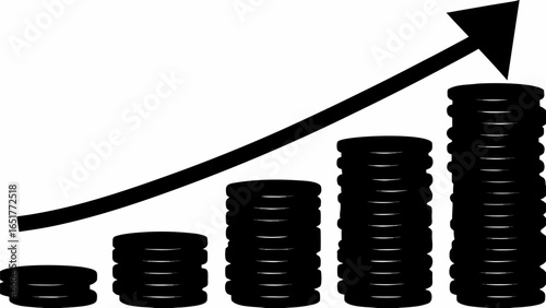 Black and white illustration showing stacks of coins with an arrow pointing upwards indicating growth silhouette