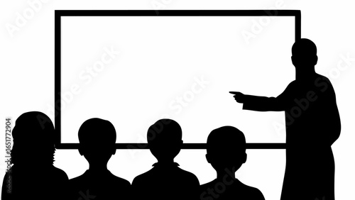 Silhouette of a teacher pointing at a whiteboard with students in the audience during a presentation time