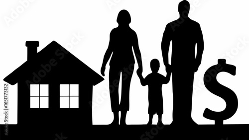 Silhouette of family with child holding hands standing next to house and dollar sign illustration