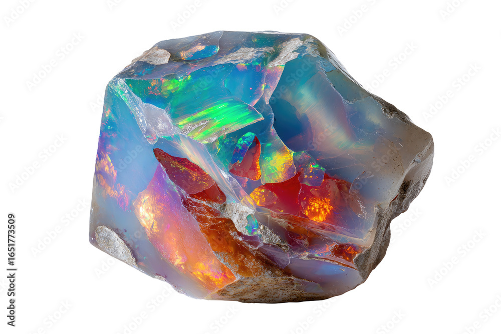 Fototapeta premium Raw Opal Gemstone Isolated with Iridescent Rainbow Colors and Natural Texture isolated on transparent background Remove png, Clipping Path, pen tool