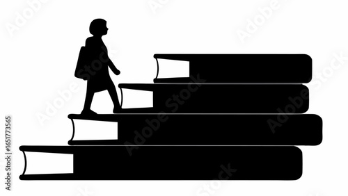 Silhouette of a student with backpack climbing a staircase made of books in black and white style image