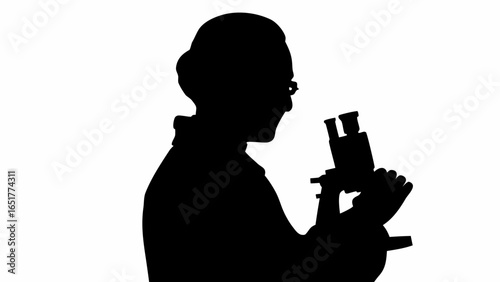 Silhouette of a person with glasses looking into a microscope in a laboratory environment setting seen from side